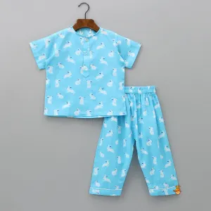 Round Neck Blue Printed Sleepwear