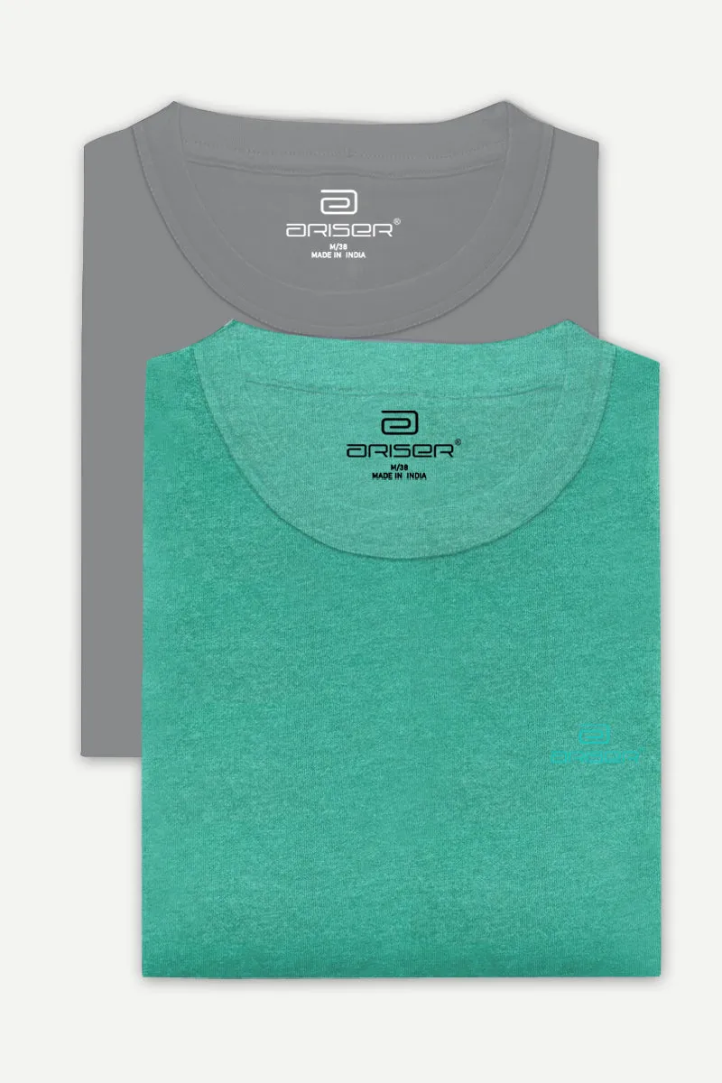 Round Neck - Iron Gray and Light Green Solid T-Shirt Pack Of 2 Combo For Men | Ariser