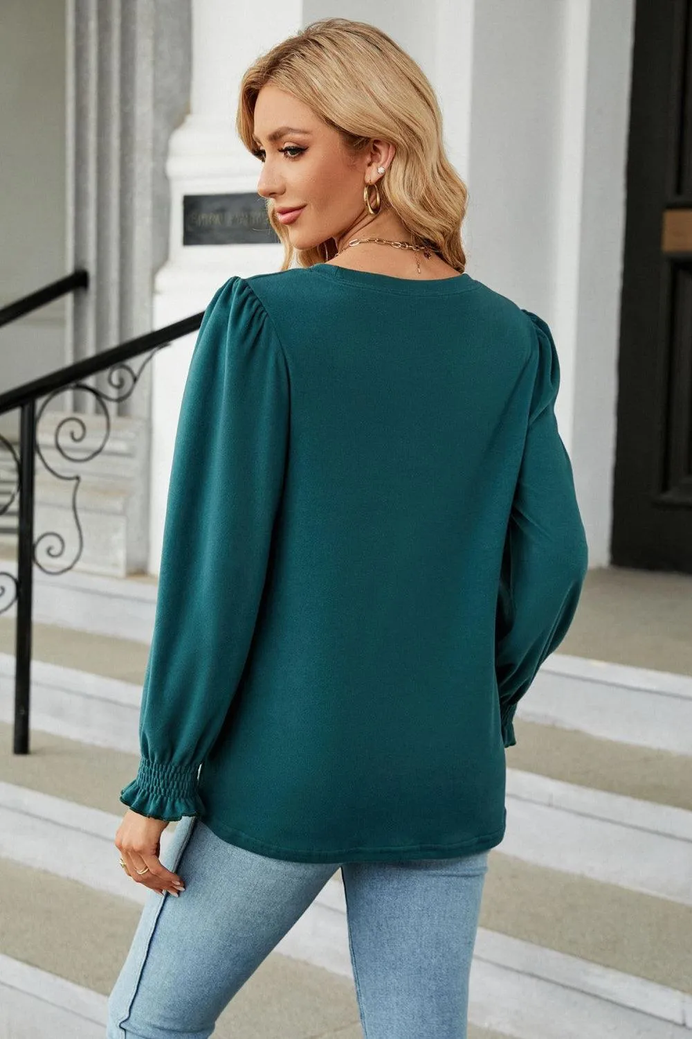 Round Neck Smocked Flounce Sleeve Blouse