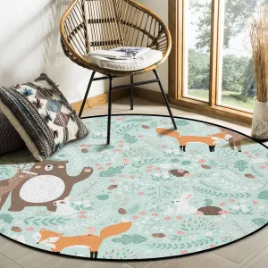 Round Rug with Forest Animals Print