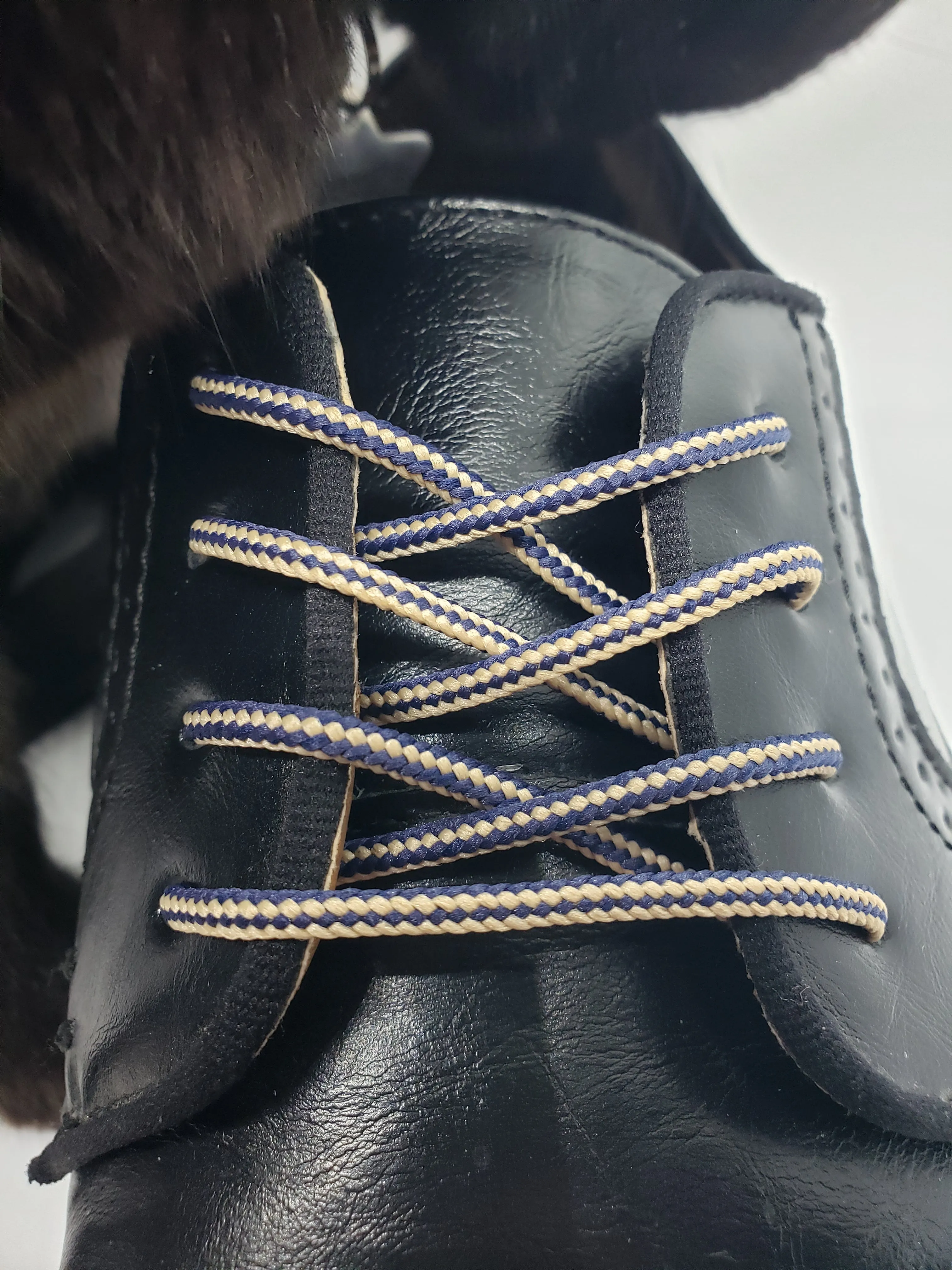 Round Striped Dress Shoelaces - Tan and Navy Blue