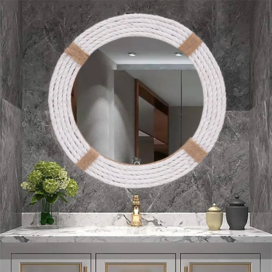 Round Wall Mounted Rope Mirror, Coastal Theme Wall Mirror, Nautical Themed Mirror, Wall Mirror for Home Decoration Office, Wall Hanging