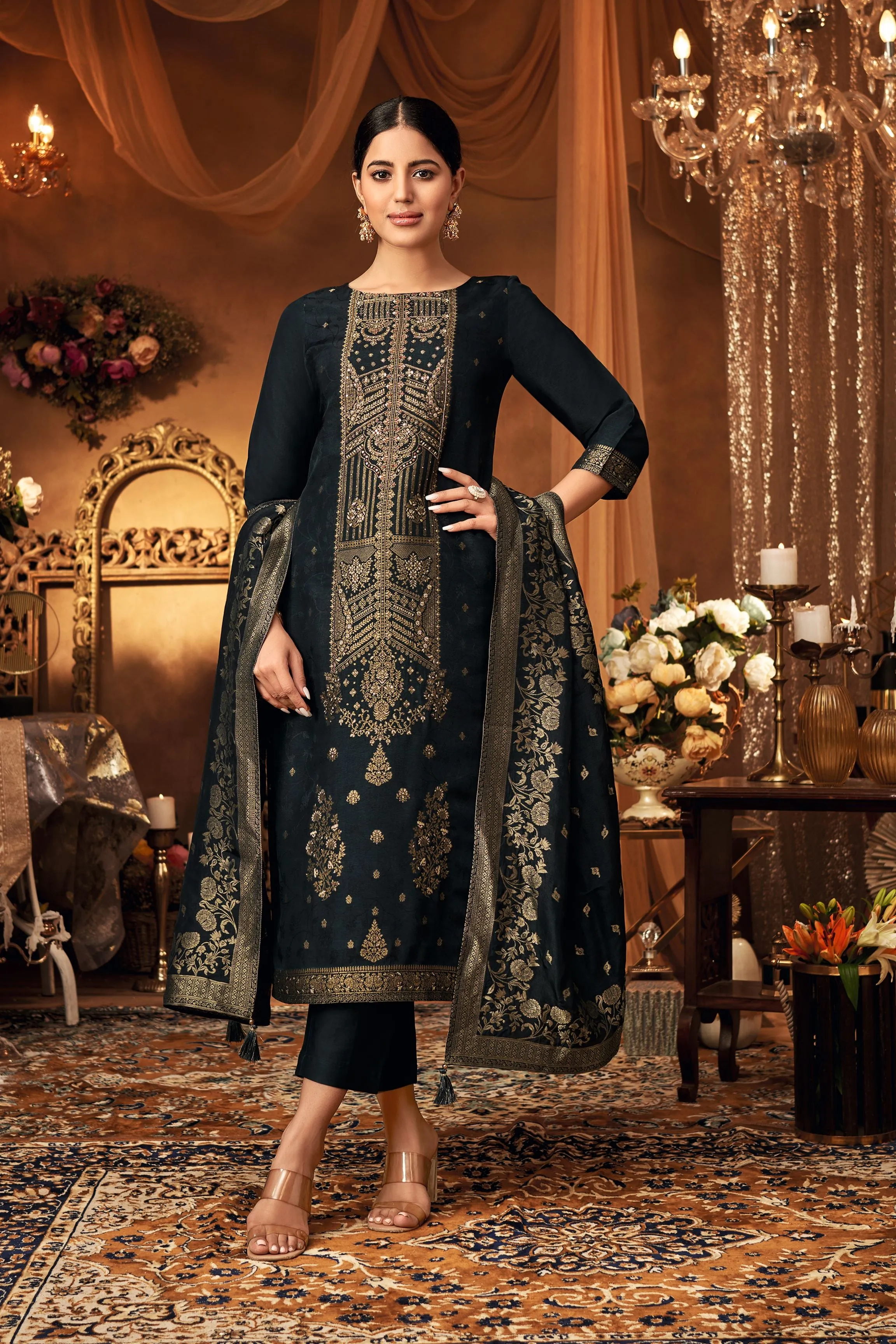 Royal Black Embroidered Georgette Silk Kurta Pants Set