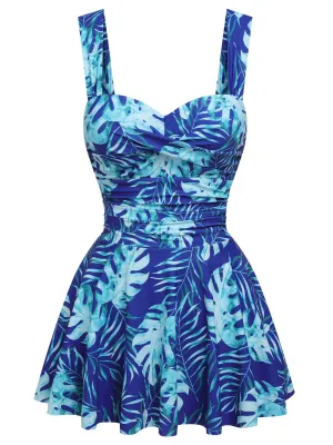 Royal Blue 1960s Tropical Plants Swimsuit Set