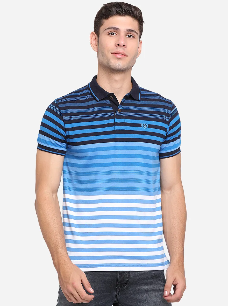 Royal Blue & White Striped Slim Fit Polo T-Shirt | Greenfibre