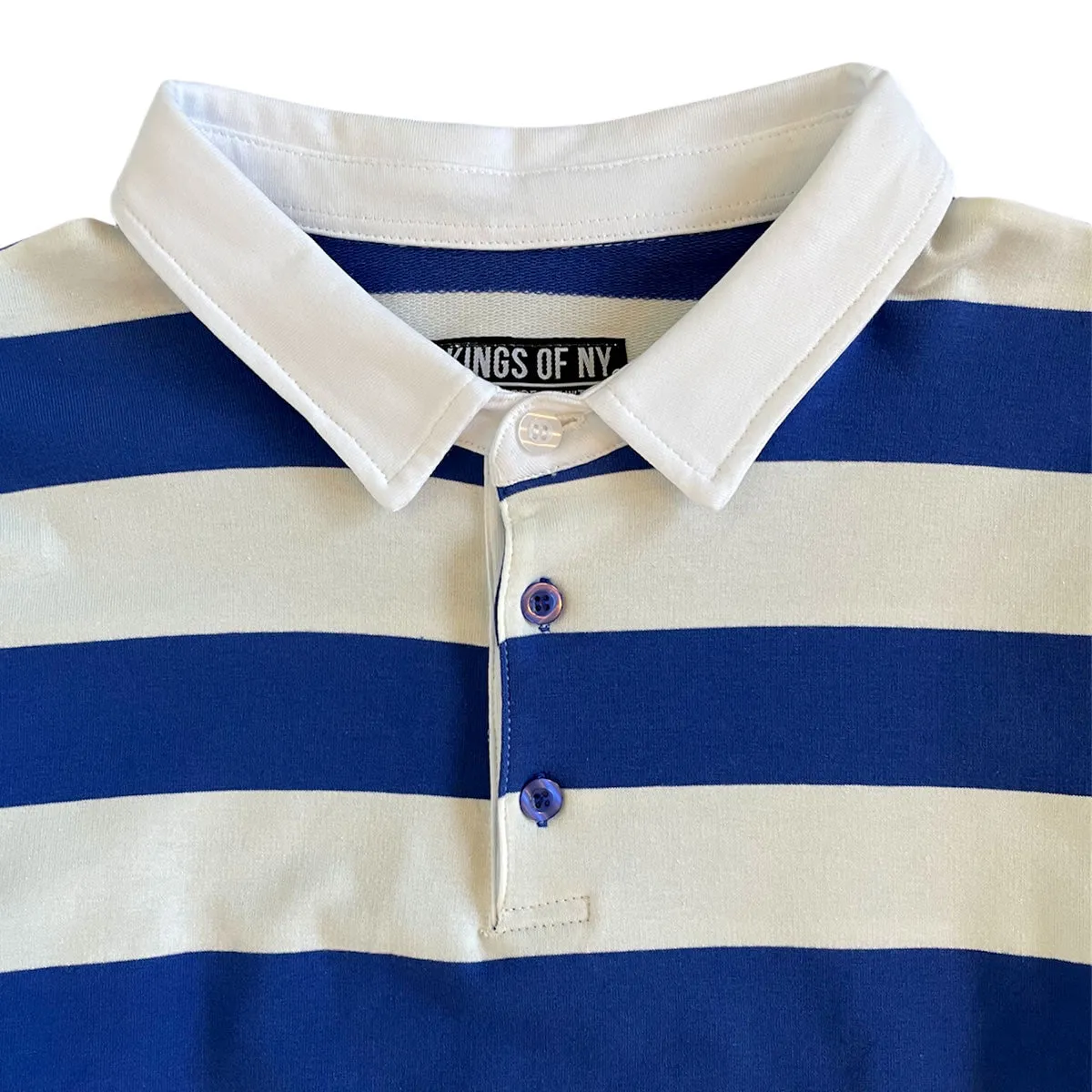 Royal Blue And Soft White Striped Mens Long Sleeve Rugby Shirt