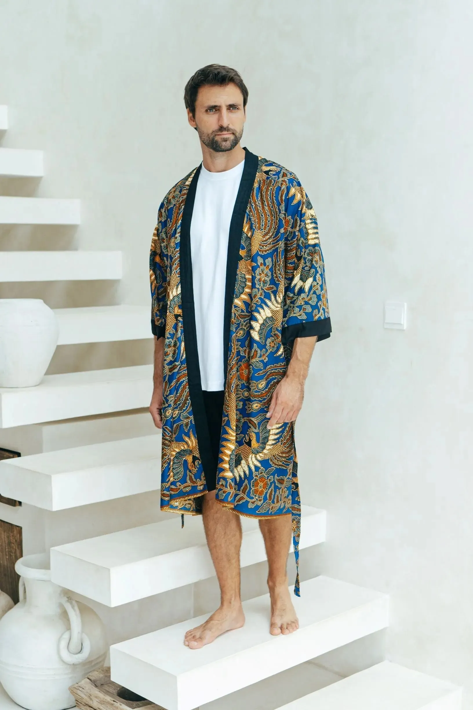 Royal Blue Cotton Men's Batik Robe