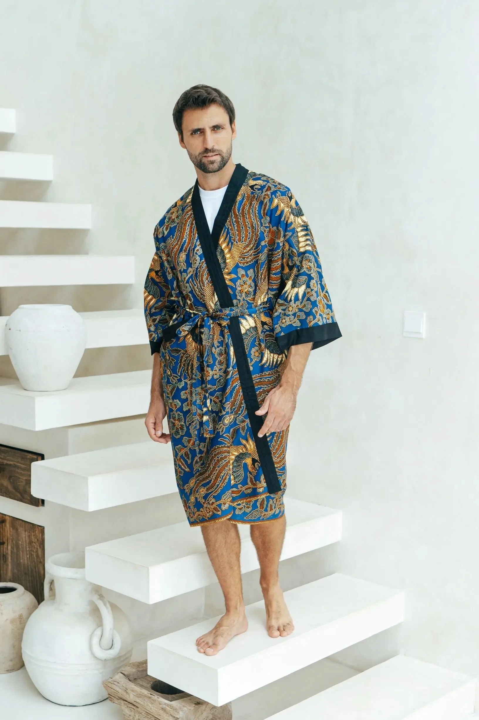 Royal Blue Cotton Men's Batik Robe