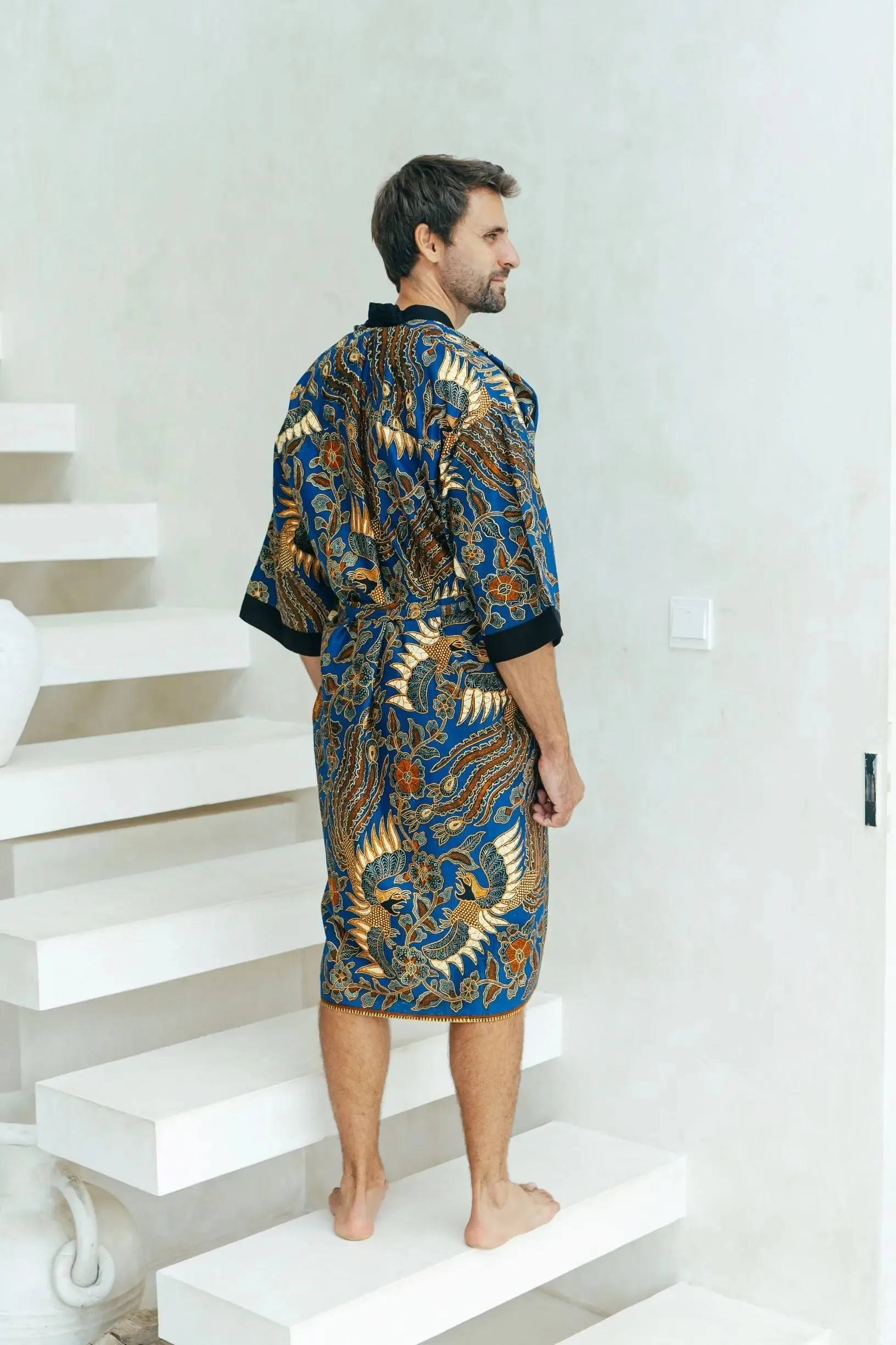 Royal Blue Cotton Men's Batik Robe