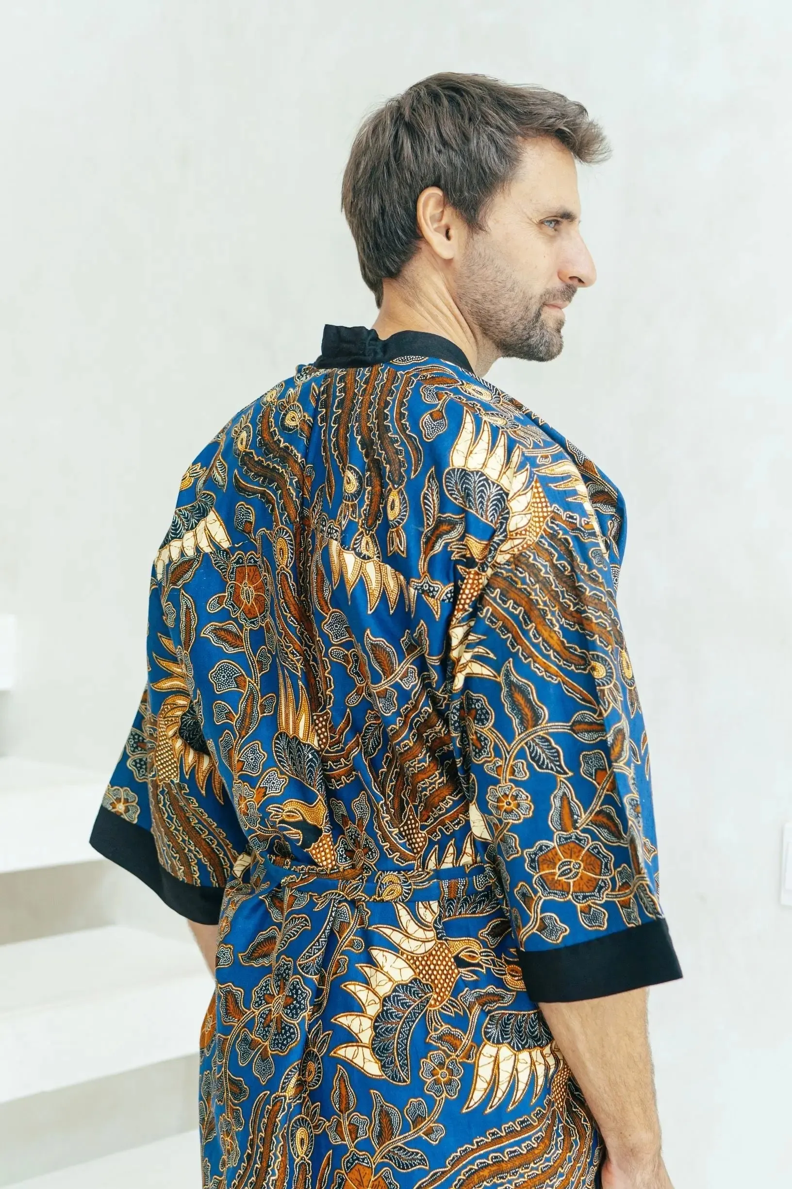 Royal Blue Cotton Men's Batik Robe