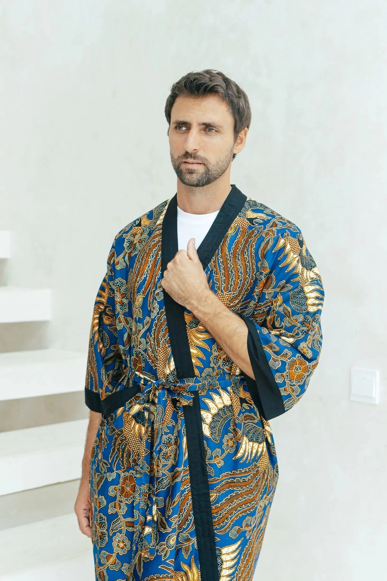 Royal Blue Cotton Men's Batik Robe