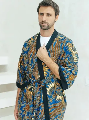 Royal Blue Cotton Men's Batik Robe