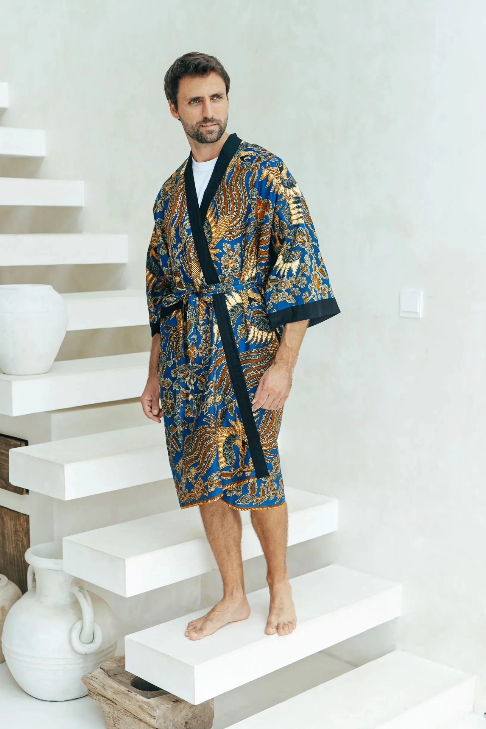 Royal Blue Cotton Men's Batik Robe