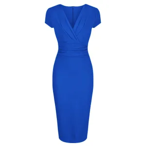 Royal Blue Deep V Cap Sleeve Bodycon Ruched Waist Wiggle Dress