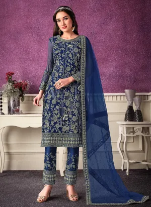 Royal Blue Designer Embroidered Pant Style Suit