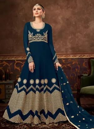 Royal Blue Embroidered Georgette Anarkali Pant Suit