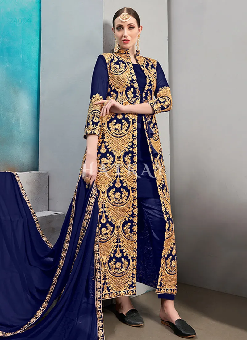 Royal Blue Embroidered Jacket Style Pant Suit