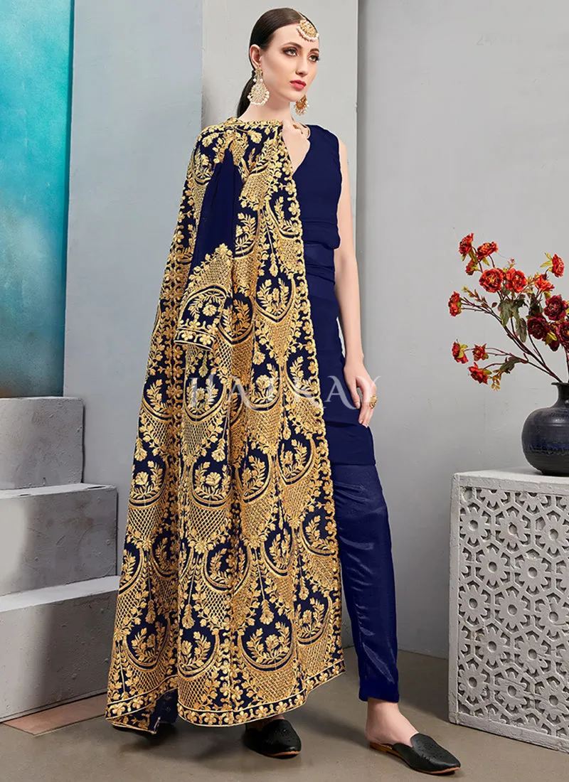 Royal Blue Embroidered Jacket Style Pant Suit