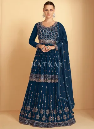 Royal Blue Embroidered Peplum Style Lehenga Kurti