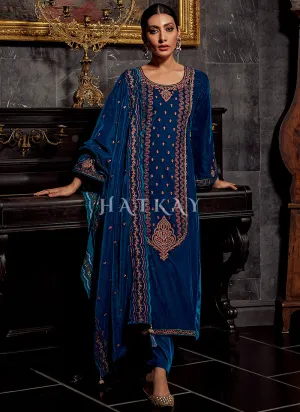 Royal Blue Embroidered Velvet Pant Suit