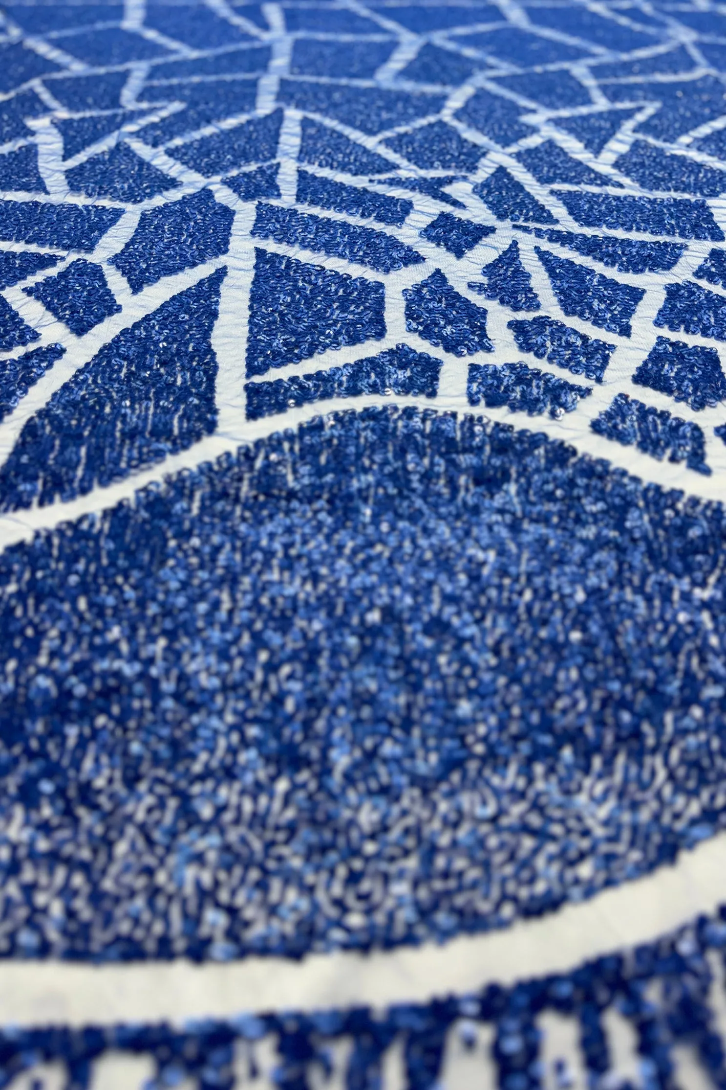 Royal Blue Geometric Beading on Blue Tulle Embroidery