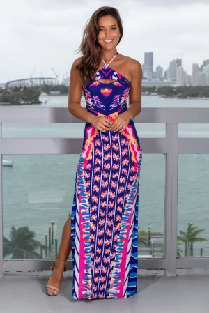 Royal Blue Halter Neck Printed Maxi Dress