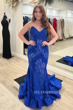 Royal Blue Lace Strapless Beaded Mermaid Long Prom Dress sew0621