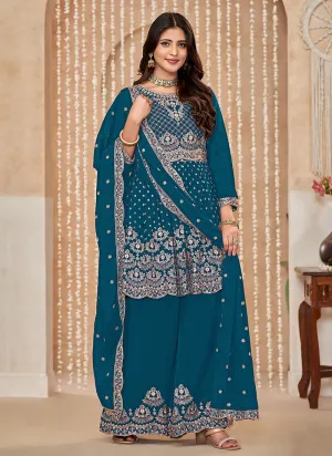 Royal Blue Multi Embroidered Anarkali Gharara Suit