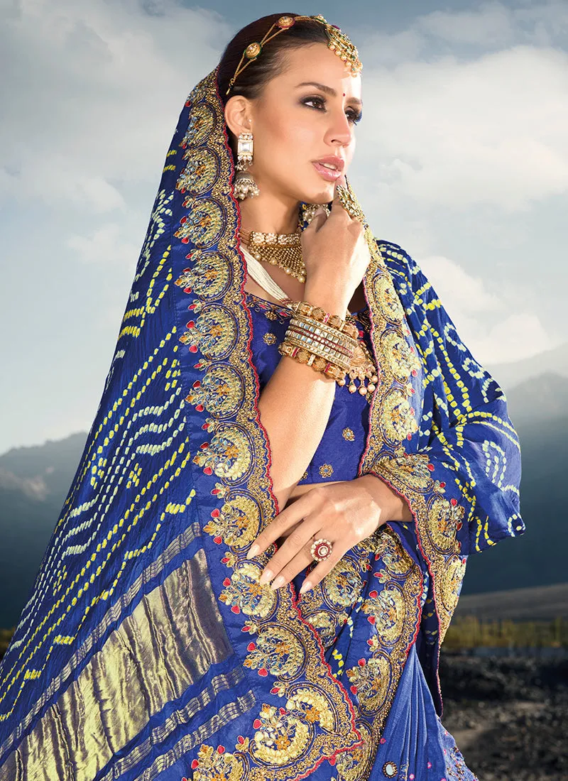 Royal Blue Multi Embroidery Bhandhej Satin Silk Saree