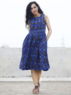 Royal Blue Mustard Ivory Ikat Sleeveless Dress With Gathers & Side Pockets -  D68F753