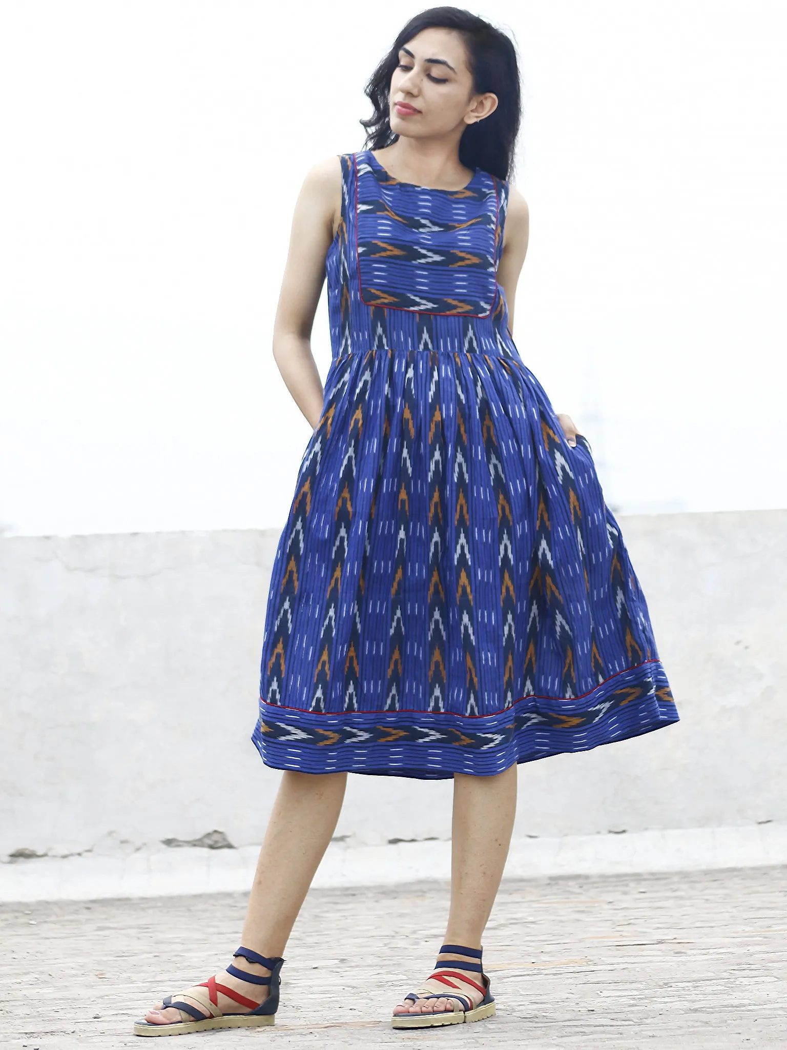 Royal Blue Mustard Ivory Ikat Sleeveless Dress With Gathers & Side Pockets -  D68F753