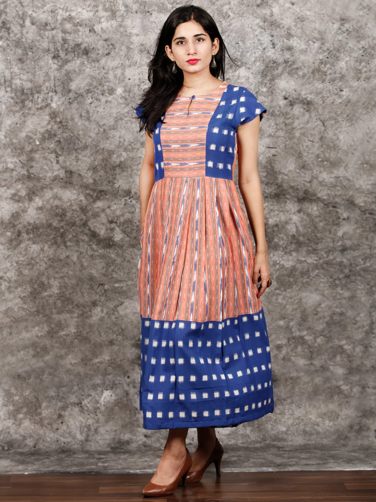 Royal Blue Orange  White Handwoven Ikat Dress With Princess Cut & Knife Pleates-  D310F1055