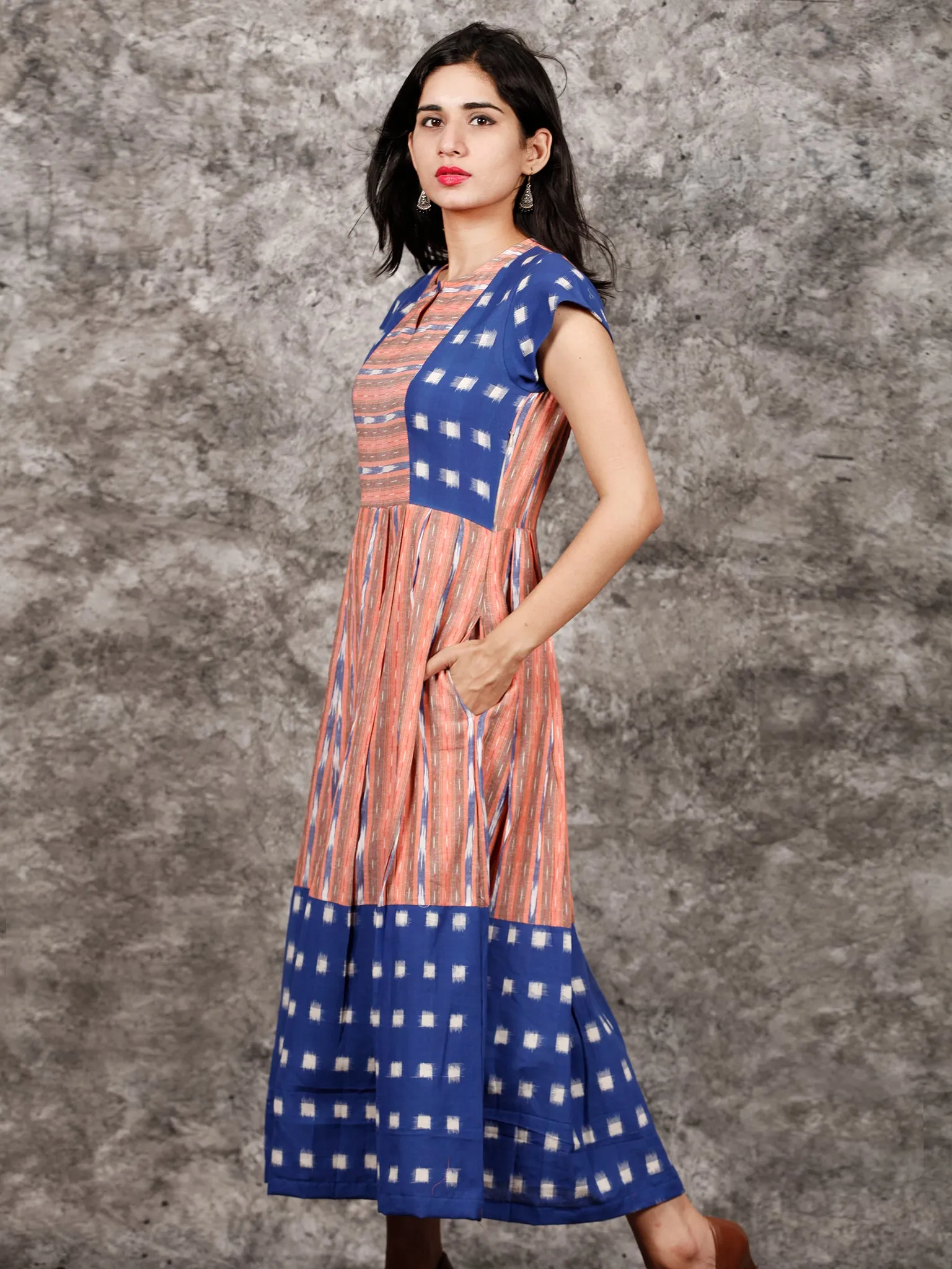 Royal Blue Orange  White Handwoven Ikat Dress With Princess Cut & Knife Pleates-  D310F1055