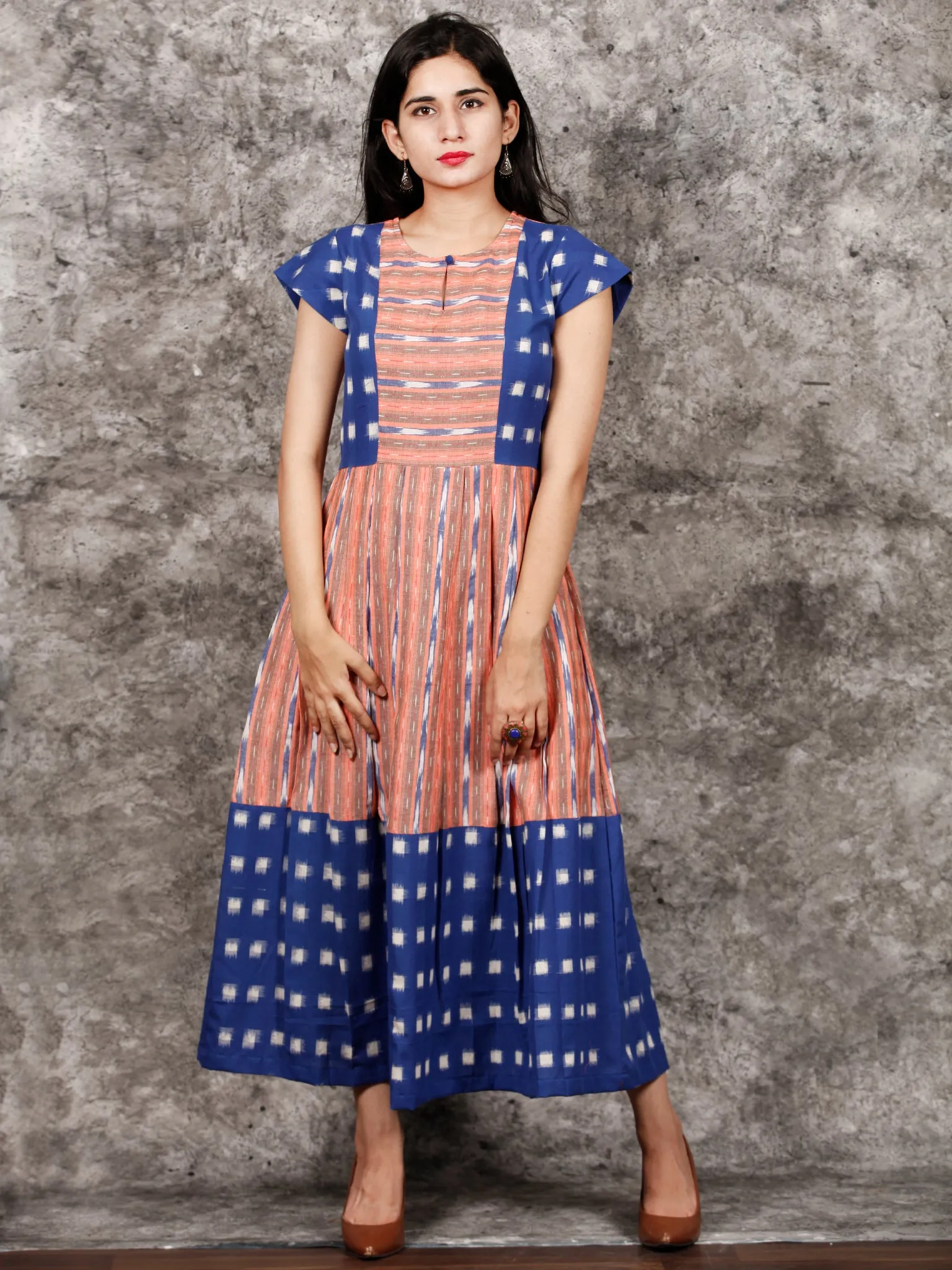 Royal Blue Orange  White Handwoven Ikat Dress With Princess Cut & Knife Pleates-  D310F1055