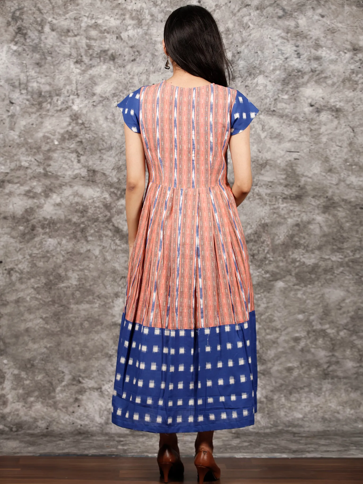 Royal Blue Orange  White Handwoven Ikat Dress With Princess Cut & Knife Pleates-  D310F1055