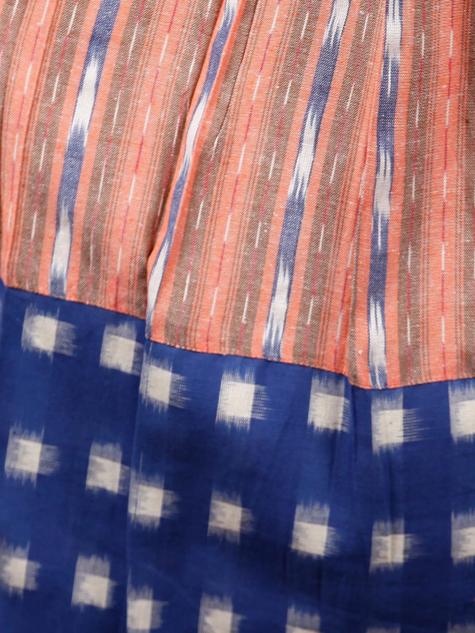 Royal Blue Orange  White Handwoven Ikat Dress With Princess Cut & Knife Pleates-  D310F1055