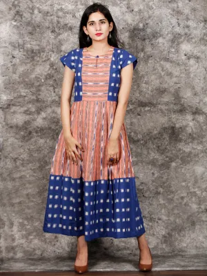 Royal Blue Orange  White Handwoven Ikat Dress With Princess Cut & Knife Pleates-  D310F1055