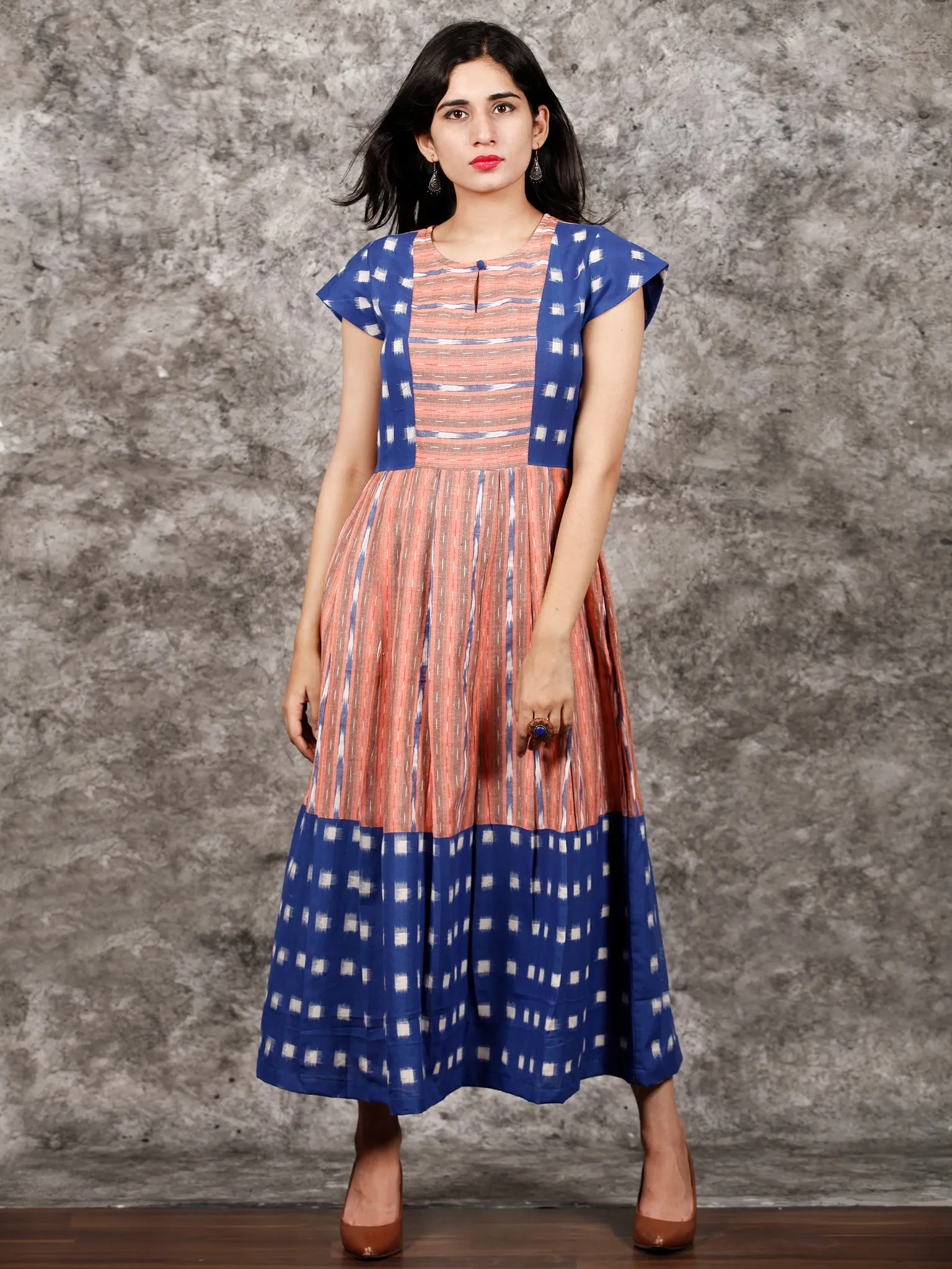 Royal Blue Orange  White Handwoven Ikat Dress With Princess Cut & Knife Pleates-  D310F1055