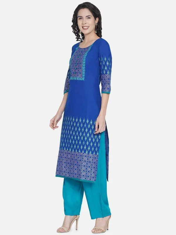 Royal Blue Printed Straight Cut Printed Kurta