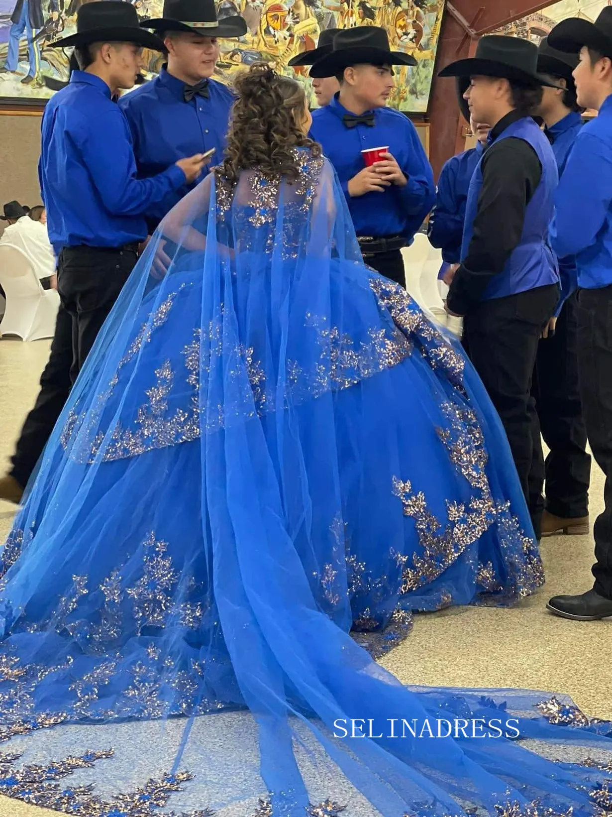 Royal Blue Quince Dress with Cathedral Train Cape Princess Wedding Dress Evening Gowns sew1093