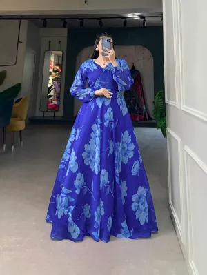 Royal Blue Ready-to-Wear Chiffon Gown with Floral Print