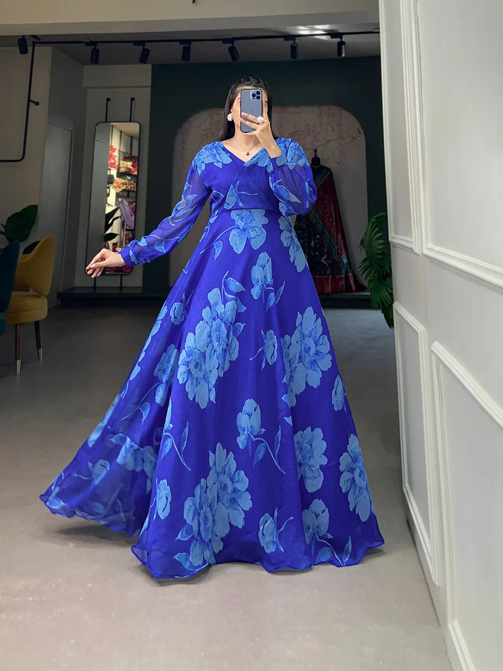 Royal Blue Ready-to-Wear Chiffon Gown with Floral Print