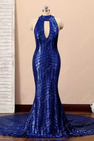 Royal Blue Sequin Keyhole Halter Open Back Mermaid Prom Dress