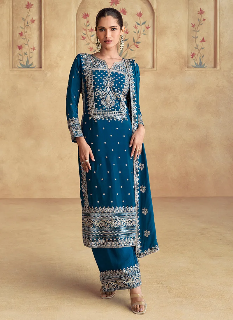 Royal Blue Thread Work Embroidery Festive Palazzo Suit