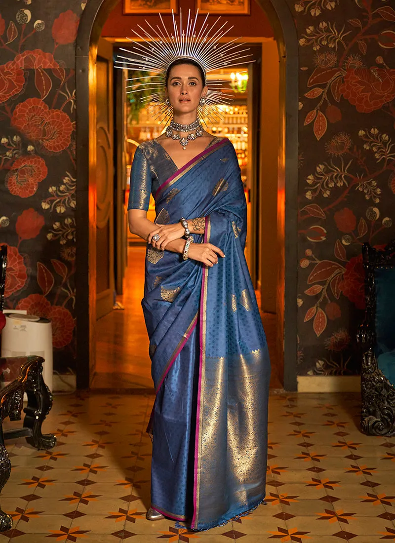 Royal Blue Zari Brocade Handloom Woven Silk Saree