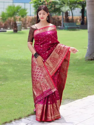 Royal Fuchsia Pink Saree in Soft Silk with Three Colored Zari