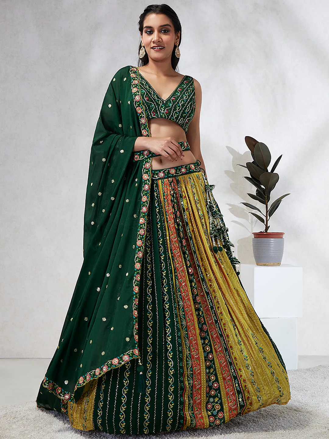 Royal Green Chiffon Lehenga Choli Set with Exquisite Sequin Embroidery & Threadwork