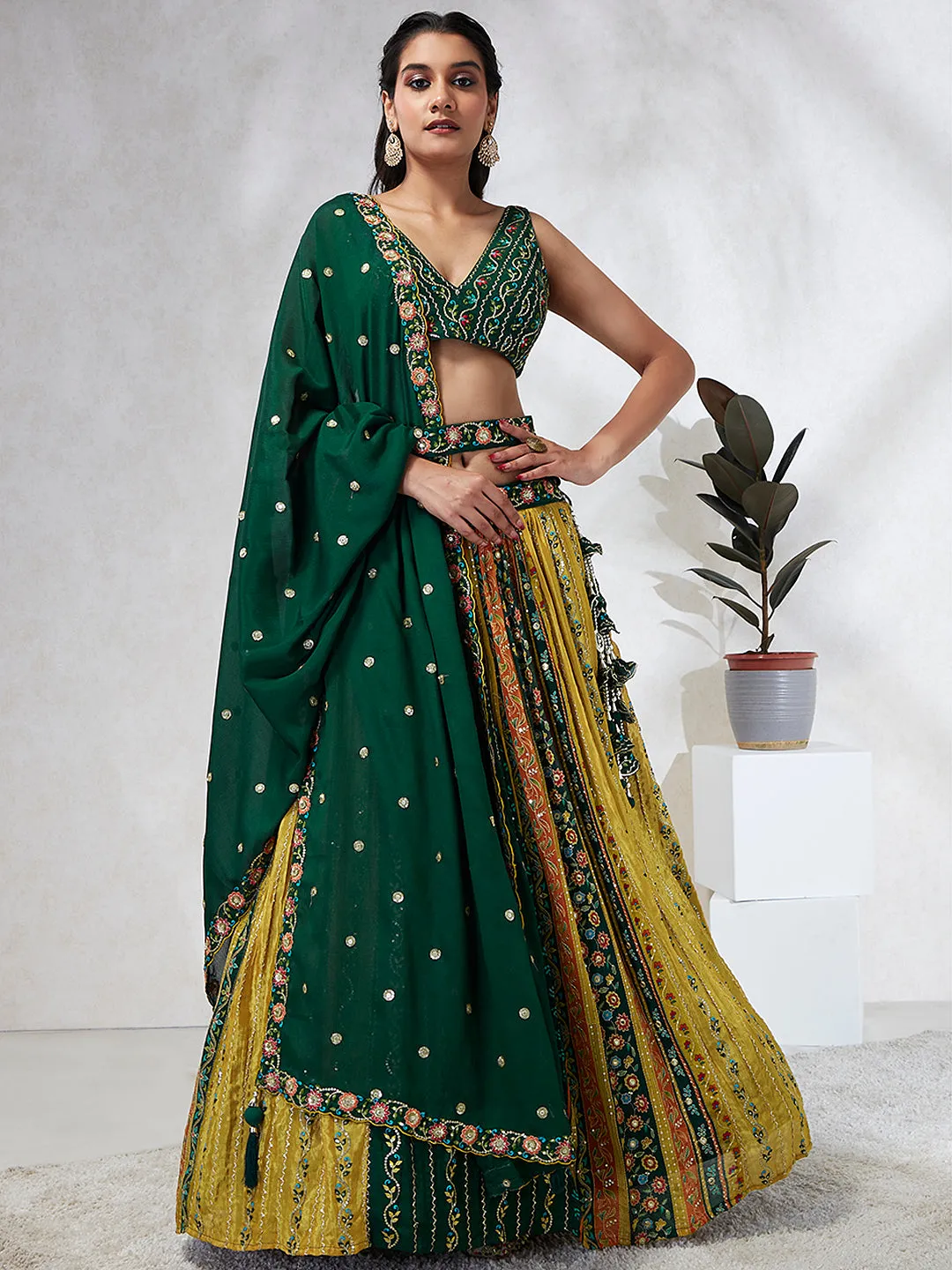 Royal Green Chiffon Lehenga Choli Set with Exquisite Sequin Embroidery & Threadwork