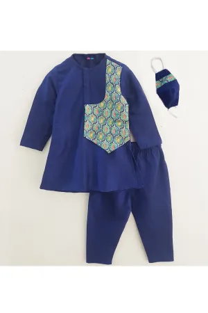 Royal navy blue kurta and pyjama with mask