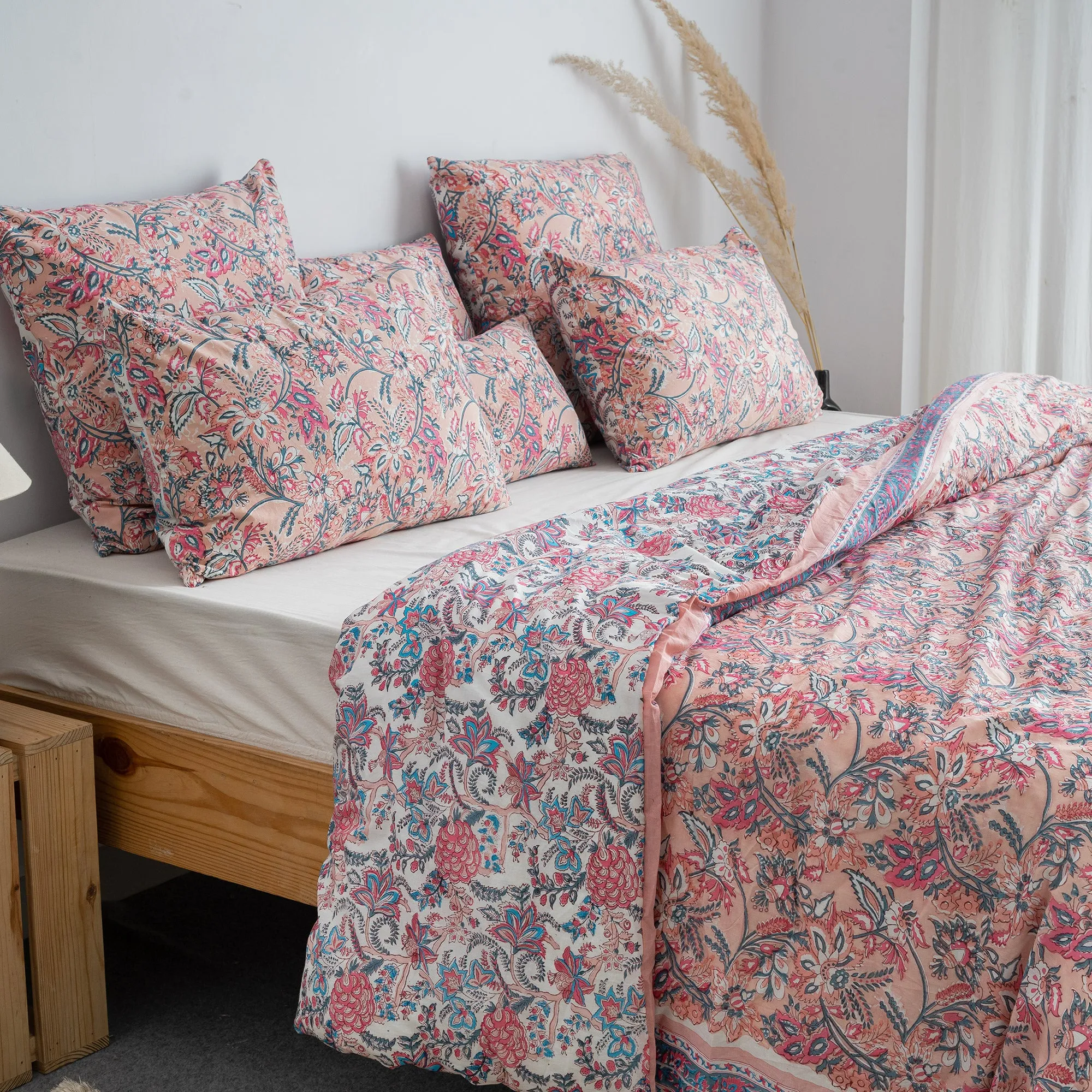 Royal Pink Floral Block Print Soft Cotton Duvet Covers With Shams